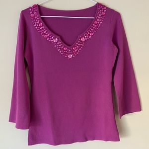 Joseph A Women's Petite Pink V-Neck Decorative Top - S - Pre-owned
